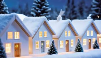 ai generiert ein Weihnachten Szene mit ein zündete oben Haus im das Schnee foto
