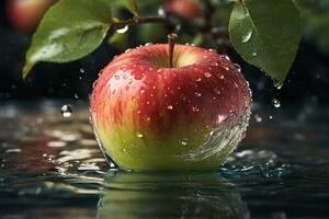 ai generiert rot Apfel bespritzt mit Wasser Hintergrund foto