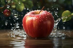 ai generiert rot Apfel bespritzt mit Wasser Hintergrund foto