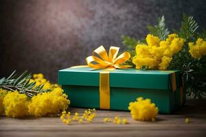 ai generiert Geschenk Box mit ein Strauß von Mimose. Jahrgang Gruß Karte zum International Damen Tag, Mutter Tag, Valentinstag Tag, Geburtstag foto