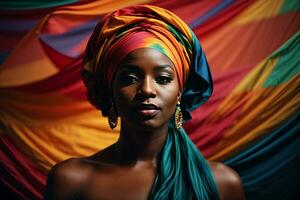 ai generiert schön afrikanisch Frau im ein Turban foto