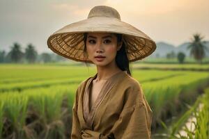 ai generiert asiatisch Frau im Reis Feld foto