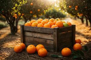 ai generiert hölzern Box mit Orangen im das Garten foto