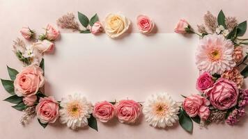 ai generiert Postkarte Vorlage mit Kopieren Raum. Blumen- Anordnung mit Rosen und Gerbera foto