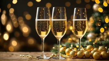 ai generiert zwei Brille von Champagner Gold funkeln Hintergrund. Neu Jahr Vorabend, Weihnachten Party Banner Vorlage mit Kopieren Raum zum Text foto