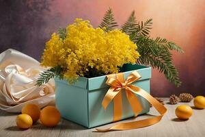 ai generiert Geschenk Box mit ein Strauß von Mimose. Jahrgang Gruß Karte zum International Damen Tag, Mutter Tag, Valentinstag Tag, Geburtstag foto