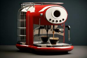 ai generiert modern stilvoll rot Kaffee Maschine mit ein fließend Strom von schwarz Kaffee oder Espresso foto