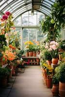 ai generiert verschiedene Blühen Pflanzen im Keramik Töpfe Innerhalb Glas beigefügt Gewächshaus, lebendig Innen- Garten mit üppig Grün und bunt Blumen- Vielfalt foto