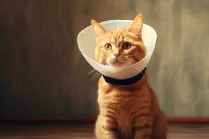 ai generiert rot Katze im schützend Veterinär Halsband auf grau Hintergrund im Zimmer Pflege zum Haustiere nach Chirurgie Kopieren Raum foto