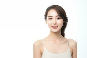 ai generiert Nahansicht Bild von ein Herrlich asiatisch Frau mit gut Gesichts- Haut, Fokussierung auf Hautpflege und bilden. foto