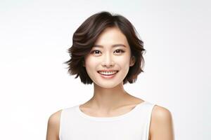 ai generiert Porträt asiatisch Frau perfekt sauber frisch Haut isoliert auf Weiß Hintergrund. foto