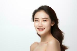 ai generiert Nahansicht Bild von ein Herrlich asiatisch Frau mit gut Gesichts- Haut, Fokussierung auf Hautpflege und bilden. foto