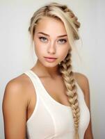 ai generiert Porträt von schön jung Frau mit lange geflochten blond Haar, isoliert Weiß Hintergrund, ai generativ foto