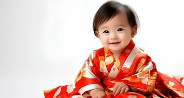 ai generiert Porträt von japanisch Baby Mädchen Modell- tragen süß Kimono, 8 Monat alt Baby, Studio Foto, isoliert Weiß Hintergrund, zum Werbung und Netz Design foto