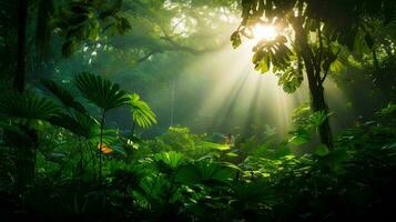 ai generiert ein hell Morgen im ein tropisch Wald mit Sonnenlicht leuchtenden durch zwischen das Blätter, Pflanzen Das gedeihen ohne Luft Verschmutzung foto