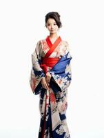 ai generiert Porträt von ein jung japanisch weiblich Modell- tragen ein Kimono posieren anmutig, isoliert Weiß Hintergrund, ai generativ foto