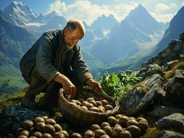 ai generiert Bauern Ernte Kartoffeln im ein Feld mit Berg Sicht. generativ ai foto