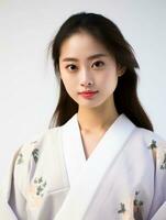 ai generiert Porträt von ein jung japanisch weiblich Modell- tragen ein Kimono posieren anmutig, isoliert Weiß Hintergrund, ai generativ foto