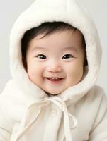ai generiert Porträt von süß geneigt Augen japanisch Baby Junge Modell, mit lächelnd und Lachen Ausdruck, 2 Monat alt Baby, Studio Foto, isoliert Weiß Hintergrund, zum Werbung und Netz Design foto