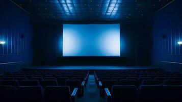 ai generiert leeren Kino Blau Beleuchtung mit leeren Weiß Bildschirm foto