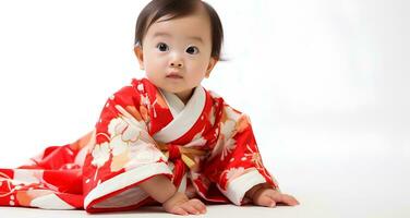 ai generiert Porträt von japanisch Baby Mädchen Modell- tragen süß Kimono, 8 Monat alt Baby, Studio Foto, isoliert Weiß Hintergrund, zum Werbung und Netz Design foto