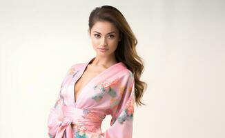 ai generiert Porträt von jung japanisch weiblich Modell- tragen Kimono posieren anmutig, Studio Foto, isoliert Weiß Hintergrund foto