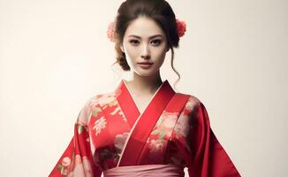ai generiert Porträt von jung japanisch weiblich Modell- tragen Kimono posieren anmutig, Studio Foto, isoliert Weiß Hintergrund foto