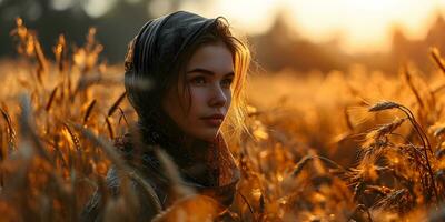 ai generiert schön Mitte östlichen Frau mit sommersprossig Gesicht, tragen Kopftuch im Weizen Feld mit glühend Sonnenlicht Wirkung. generativ ai foto