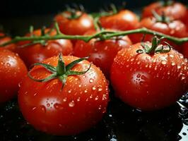 ai generiert frisch Tomaten mit Wasser Tröpfchen isoliert auf schwarz Hintergrund. generativ ai foto