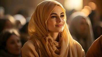 ai generiert schön Muslim Frau im Hijab sitzt im Moschee, Hören zu Predigt, generativ ai foto