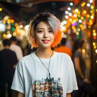 ai generiert Porträt von süß und jung kurz Haar asiatisch Frau mit verschwommen Cafe Hintergrund. generativ ai foto