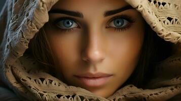 ai generiert Nahansicht Foto von ein schön Arabisch Frau im Hijab mit atemberaubend Augen. generativ ai