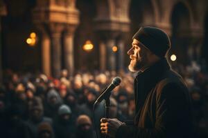 ai generiert islamisch Imam führt ein Predigt beim das Moschee. Muslim Imam Predigt zu das Menschen im das Moschee. generativ ai foto