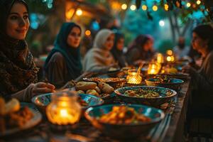 ai generiert arabisch Muslim Frauen versammeln zusammen während Ramadan mit köstlich Geschirr auf das Tisch. iftar Abendessen. generativ ai foto