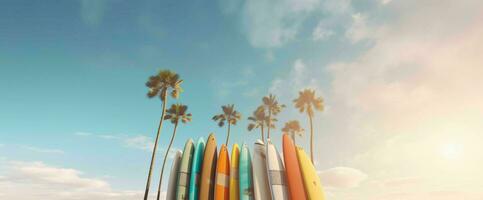 ai generiert Surfbrett auf das Strand mit Blau Himmel Sicht. generativ ai foto