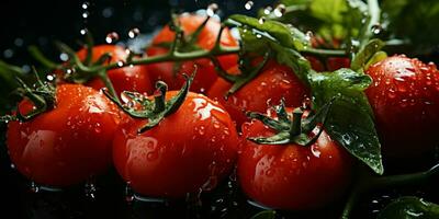 ai generiert frisch Tomaten mit Wasser Tröpfchen isoliert auf schwarz Hintergrund. generativ ai foto