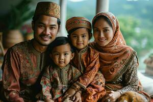 ai generiert Porträt von ein glücklich asiatisch Muslim Familie im traditionell Kleidung. generativ ai foto