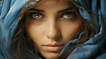 ai generiert Nahansicht Foto von ein schön Arabisch Frau im Hijab mit atemberaubend Augen. generativ ai