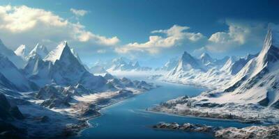 ai generiert Illustration von ein groß schneebedeckt Berg Landschaft mit ein See unter. Winter Berge. generativ ai foto