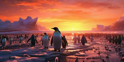 ai generiert Pinguin Kolonie auf das Strand mit schön Sonnenuntergang Sicht. generativ ai foto