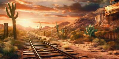 ai generiert rostig Eisenbahn Spur auf Western Wüste. verlassen Zug Schiene. generativ ai foto