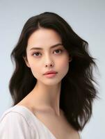 ai generiert Porträt von Weiß und sauber jung japanisch weiblich Schönheit Modell, anmutig posieren, Studio Foto, isoliert Weiß Hintergrund, ai generativ foto