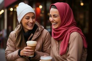 ai generiert glücklich jung Muslim Frau mit ihr Freund Lachen zusammen und halten ein Tasse von Kaffee. generativ ai foto
