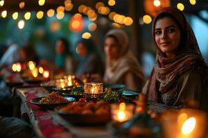 ai generiert arabisch Muslim Frauen versammeln zusammen während Ramadan mit köstlich Geschirr auf das Tisch. iftar Abendessen. generativ ai foto