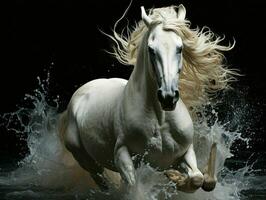 ai generiert stark Weiß Pferd galoppierend mit Wasser spritzt auf schwarz Hintergrund. generativ ai foto