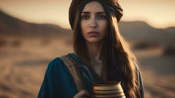 ai generiert Porträt von schön arabisch Frau mit tolle Augen im das Wüste. Mitte östlichen Frau. generativ ai foto