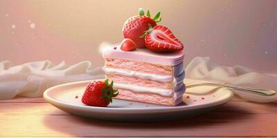 ai generiert ein Scheibe von Süss Rosa Kuchen mit Erdbeeren und Sahne auf oben. generativ ai foto