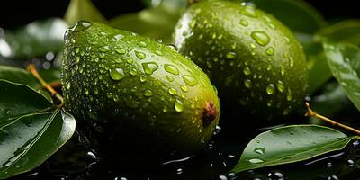 ai generiert frisch Avocado mit Wasser Tröpfchen auf schwarz Hintergrund. generativ ai foto