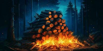 ai generiert groß Lagerfeuer mit Flamme im das Wald beim Nacht. Verbrennung Holz Haufen. generativ ai foto
