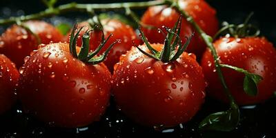 ai generiert frisch Tomaten mit Wasser Tröpfchen isoliert auf schwarz Hintergrund. generativ ai foto